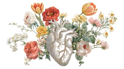 A beautifully detailed watercolor illustration of an anatomically correct human heart, overflowing with wildflowers.