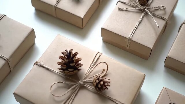 A collection of rustic, eco-friendly holiday gifts wrapped in brown paper with twine and pine cone decorations