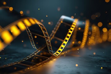 A bold illustration of a stylized black movie reel with curling yellow film strip, sharp rectangular frames glowing faintly, set on a dark gray-to-black gradient background