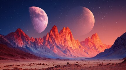 Two moons over a fiery desert mountain range at dawn or dusk