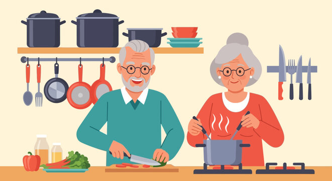 Celebrating National Senior Citizens Day Joyful Elderly Couple Cooking Together in a Warm Kitchen Setting - Powered by Adobe
