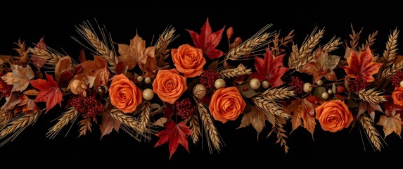 Autumn centerpiece with orange roses red maple leaves and dried wheat accents styled rustically on plain black background