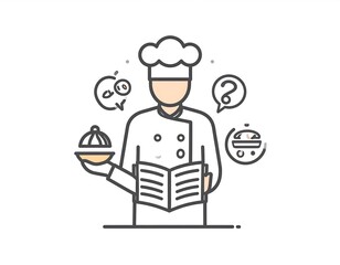 Chef consulting a recipe book, surrounded by food ideas