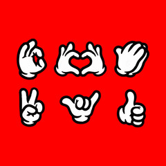 Fototapeta premium A collection of nine classic cartoon gloved hands displaying various gestures and signs on a solid background