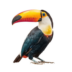 Obraz premium Colorful Toucan Bird Perched Isolated on White Background with Vibrant Beak and Beautiful Feathering Detail