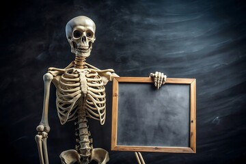 A skeleton holding a blank chalkboard against a dark background