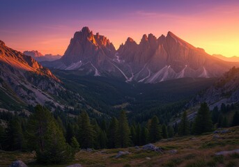 Obraz premium Majestic mountain peaks bathed in vibrant sunset light
