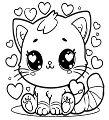 Kitten with hearts, kids coloring page, vector illustration. AI