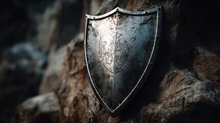 The armored shield resting on a rocky surface in a natural setting.