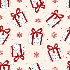 Vector seamless pattern with wrapped Christmas presents and red snowflakes on beige background. Perfect for festive packaging and decoration.