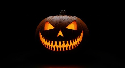 Fototapeta premium Glowing jack-o’-lantern with sharp teeth and sinister eyes carved into a pumpkin, grinning in total darkness perfectly eerie Halloween atmosphere