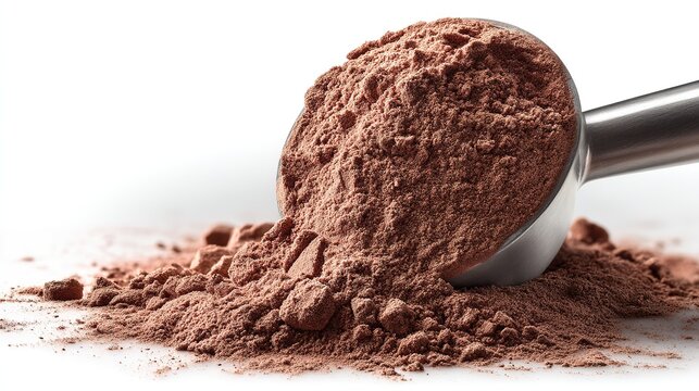 Rust-brown chocolate protein powder overflowing stainless scoop, coarse undissolved texture in pure white studio environment