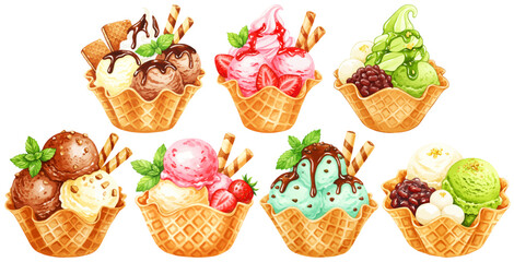 アイスクリームとソフトクリームのサンデーの彩ベクターイラストセット  バニラ/チョコレート/ストロベリー/抹茶/チョコミント © DROP DESIGN STUDIO