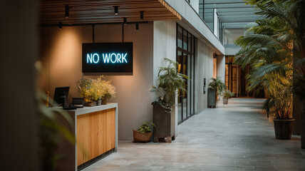 Fototapeta premium A neon sign displaying 'NO WORK' in flickering blue light hangs above a stark, empty hallway in what appears to be an abandoned office or factory, symbolizing unemployment.