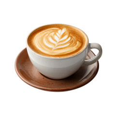 Ceramic Coffee Cup Isolated on White Background with Latte Art Design in Flat View
