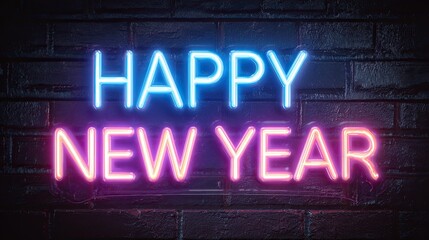 Obraz premium Neon Happy New Year sign on brick wall (1)