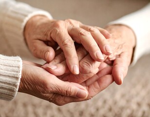 Close-up of elderly hands clasped together