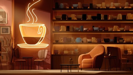 Cozy coffee shop interior, warm lighting, neon coffee cup sign