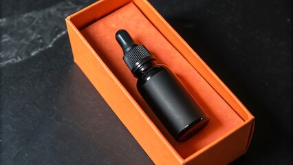 Black Dropper Cosmetic Bottle in Orange Box on Dark
