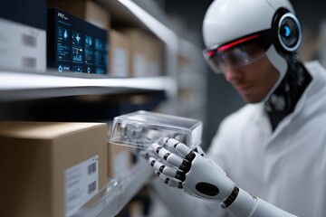 A sleek robotic assistant meticulously organizes lab supplies, showcasing advanced technology in a modern research facility, emphasizing automation and precision in workflow.