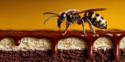 An Unexpected Guest, Detailed Macro Photograph of a Wasp on a Decadent Chocolate Cake