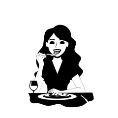 Black and white silhouette of a woman eating food with a glass of wine, elegant dining concept for restaurant, food, or lifestyle illustrations