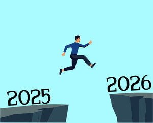 Businessman jumping from 2025 to 2026 over a cliff, symbolizing progress, challenge, and new year goals in a flat vector style illustration