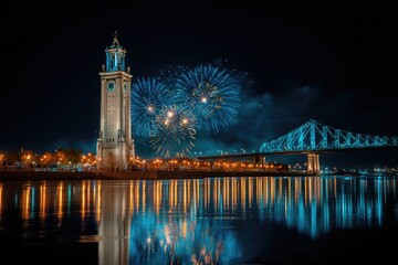 Fototapeta premium City clock tower, fireworks, bridge reflection
