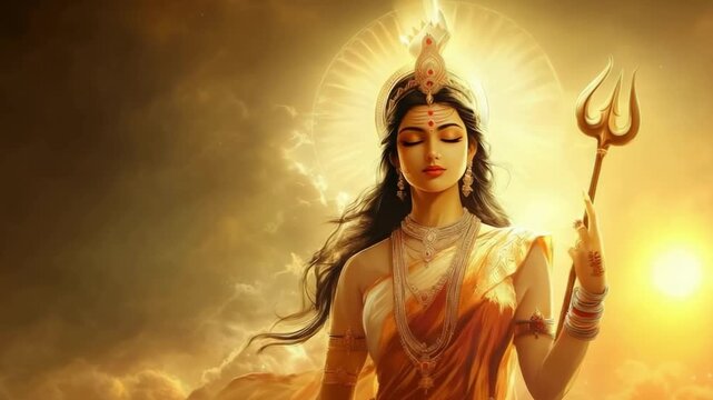 Hindu goddess Parvati depicted in traditional attire with divine expression and symbolic elements