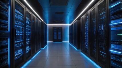 A long corridor filled with server racks illuminated with blue lights in a data center environment space