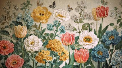 a detailed and colorful botanical illustration featuring various types of flowers, including tulips, peonies, and other blooms, with butterflies and other insects flying around. 