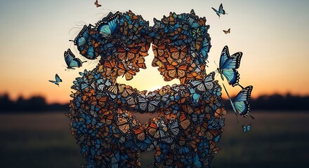 Two human head silhouettes formed by butterflies against a sunset sky in a field view