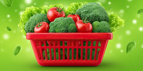Red basket filled with fresh broccoli, tomatoes, and lettuce on green