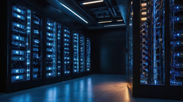 A data center room filled with server racks and bright blue lights illuminating the equipment