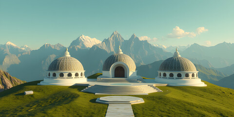 Three domed structures atop a grassy hill with snow capped mountains in the background on a clear day