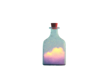 Glass bottle holding a glowing dream with a retro design in a serene environment