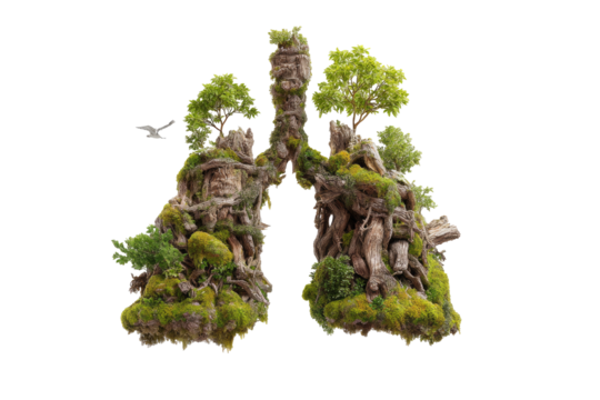 Bonsai lungs, a lush, intricate representation of a pair of lungs formed from intertwined bonsai trees, moss-covered roots, and small sprigs of greenery.  A bird soars amidst the branches