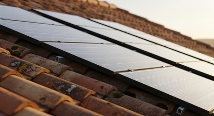 Close view of solar technology on traditional slanting roof tiles.