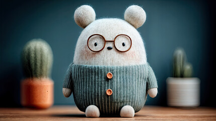 a cute, knitted toy with glasses, wearing a green sweater with two buttons. It is positioned on a wooden surface with cacti in the background.