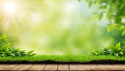 green grass on wooden background