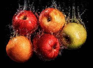 a group of apples and an orange splashing into water against a black background.