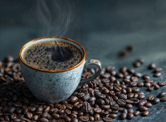 a steaming cup of coffee placed on a surface covered with roasted coffee beans. The coffee appears freshly brewed with a rich, dark color and a frothy surface.