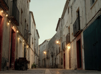 a narrow alleyway between old, weathered buildings. The buildings have balconies with metal railings, and the street is illuminated by a series of small, warm light bulbs strung along the buildings.