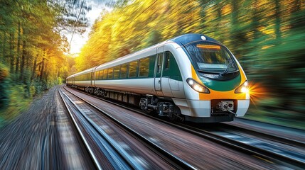 Fast train moving through a vibrant autumnal forest.