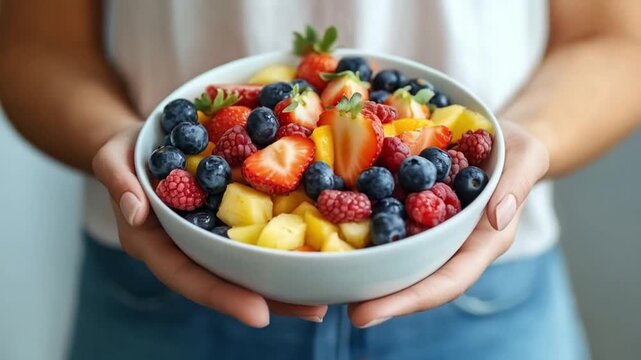Fresh Colorful Fruit Salad Bowl Held by Woman in Hands

