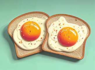  two slices of toast with fried eggs on top. The eggs are cooked to a soft yolk stage and are sprinkled with small pieces of chopped vegetables.