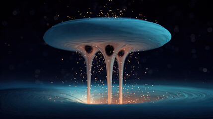an artistic representation of a cosmic event, likely a black hole or a similar astrophysical phenomenon, with glowing particles and swirling patterns around it. The background is dark.