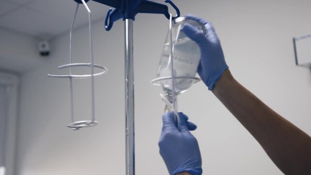 Close-up of an IV fluid bottle being set up by a nurse. Concept medical care and intravenous therapy.