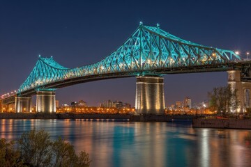 Fototapeta premium Night view of a teal-lit bridge spanning a river