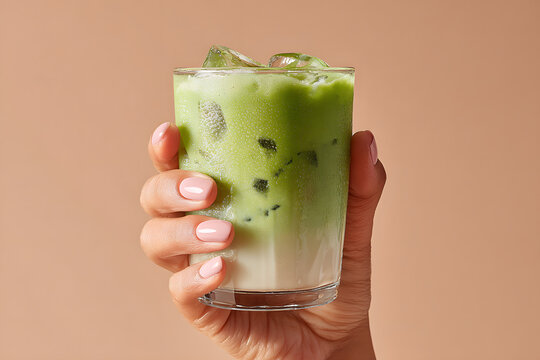 A hand holding a glass of iced matcha latte, with separated green tea, milk layers. Visible ice cubes. commercial drink. on pastel beige background.